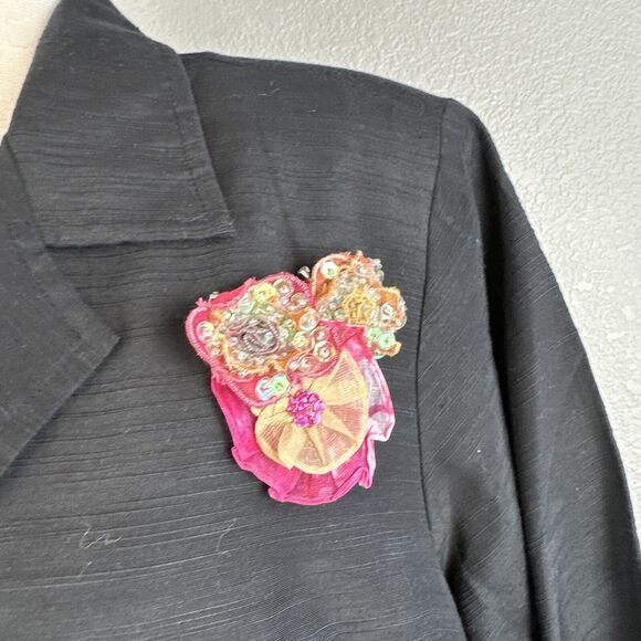 Indigo Moon Womens Vintage Blazer Jacket 1X Plus Black Floral Ribbon Applique - Picture 2 of 10